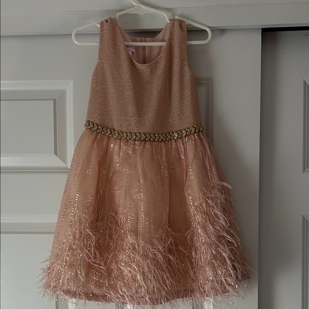 Bonnie Jean Pink Gold Sparkle Feather Party Dress